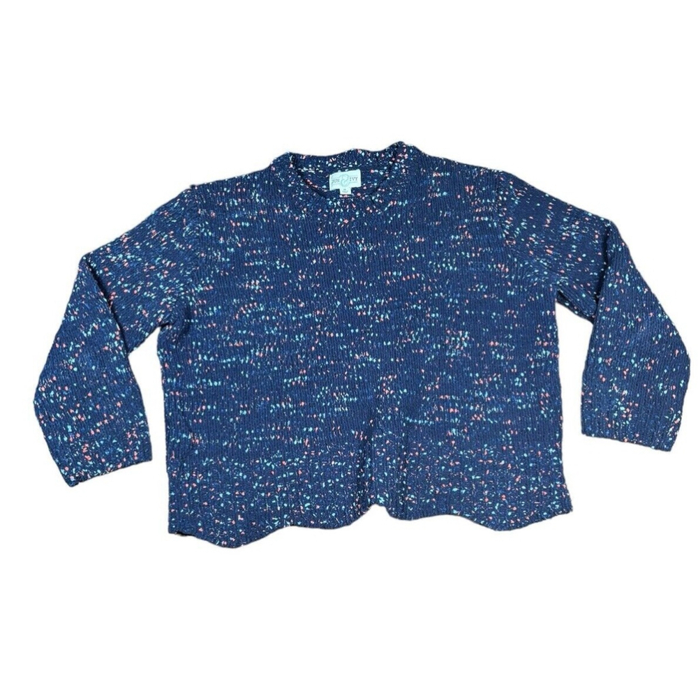 JUN & IVY MERLE CREW NECK SWEATER NAVY WITH LT BLUE ORANGE SCALLOPED HEM BOXY M